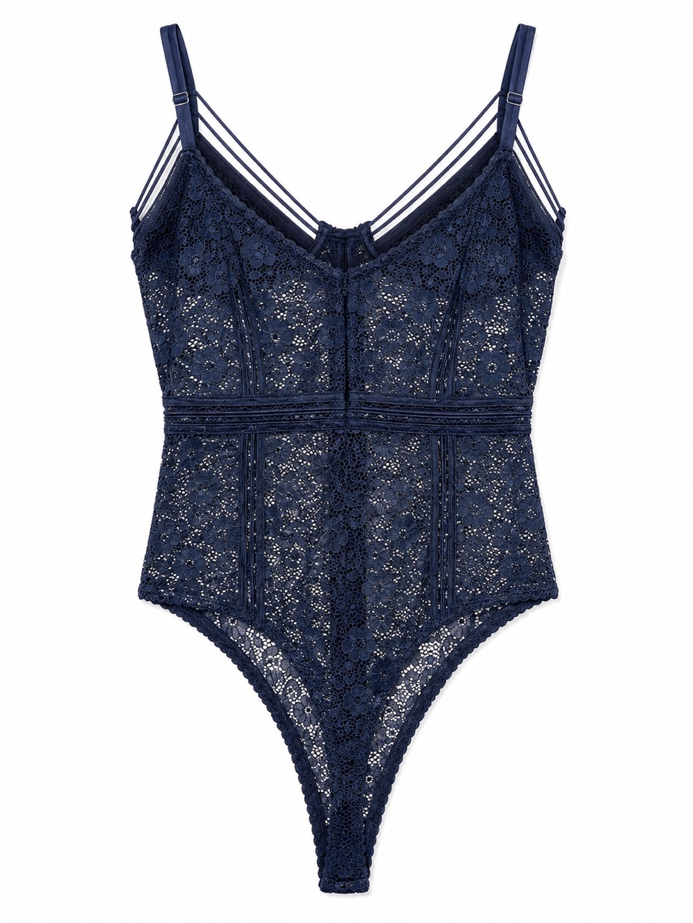 Navy Blue Floral Lace Bodysuit Strappy Bustier Lingerie Lace Teddy XS/S NWOT